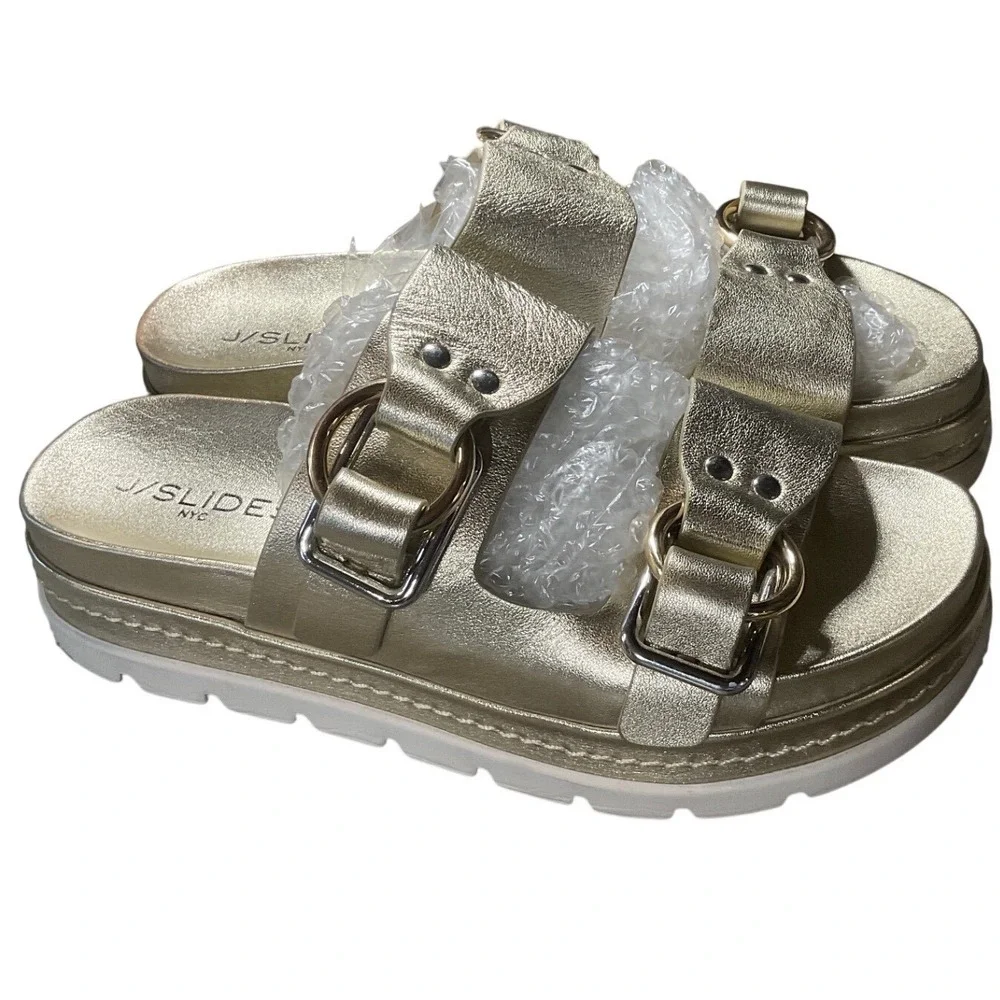 J/Slides Leather Platform Sandals Womens 8 Metallic Gold Buckle Slides